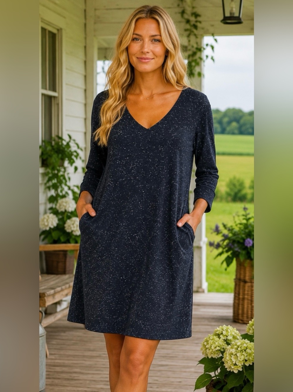 J Jill Ponte XL Petite Navy Speckled Knit Shift Dress 3/4 Sleeve Minimalist Boho
